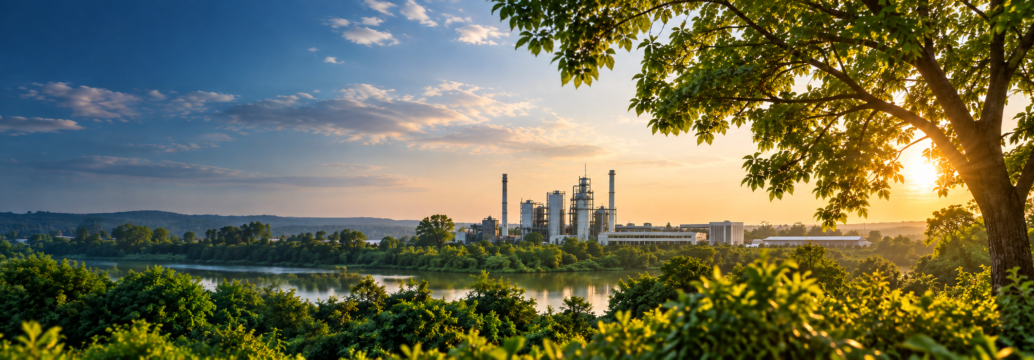 Triveni's Naini facility framed by trees and a river at sunrise, reflecting industry alongside the environment